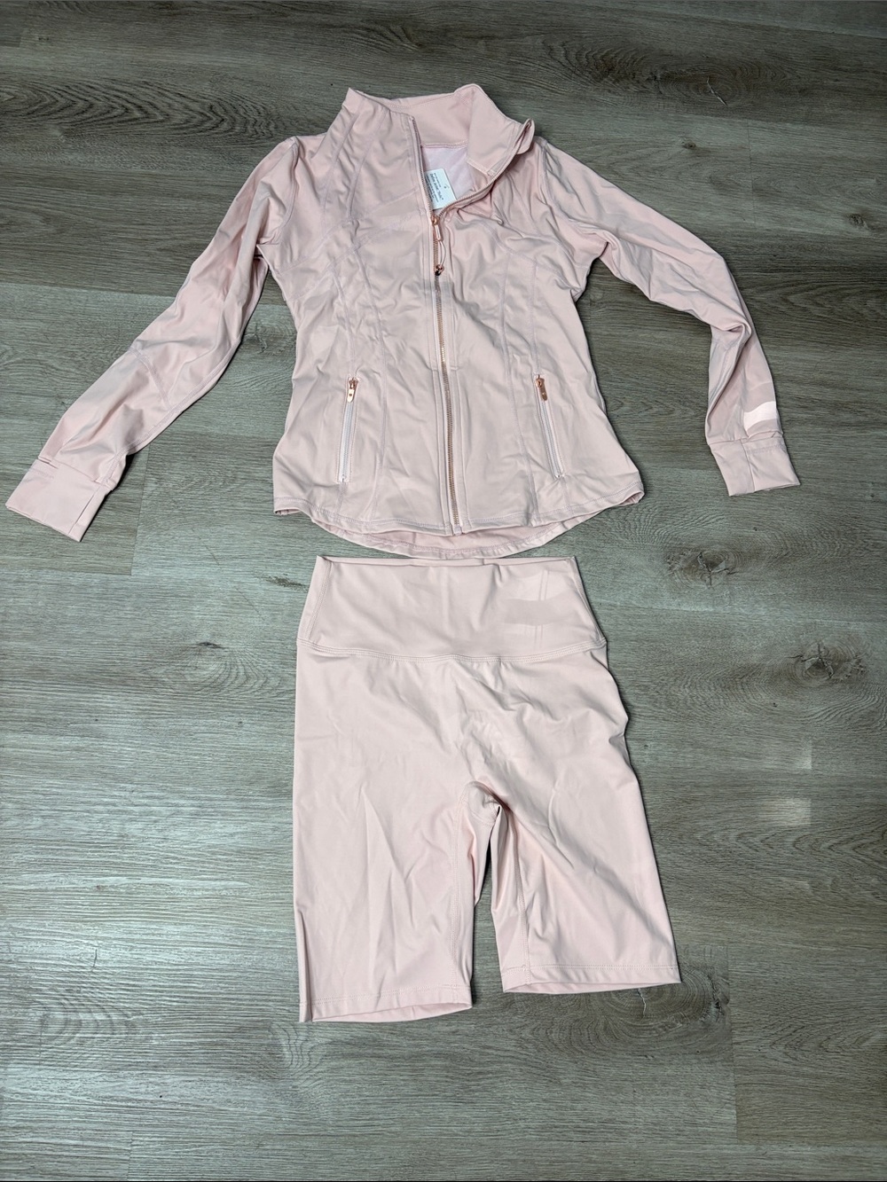 Light Pink Active Jacket & Biker Shorts Set with rose gold zipper